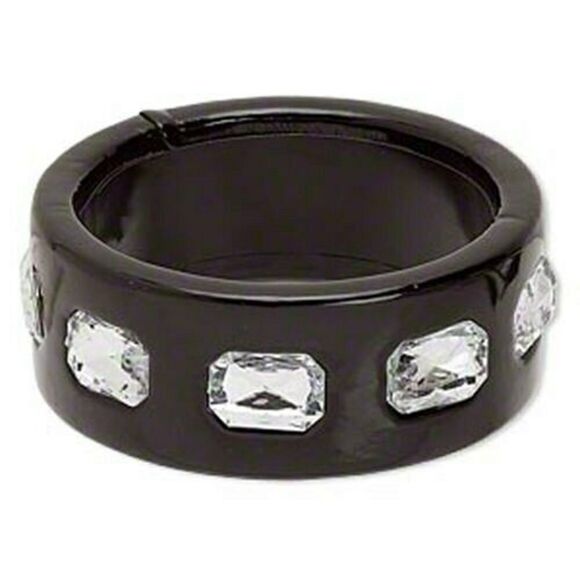 Slick Black PU Vinyl and Rhinestones Chunky Mod Retro Wide Bangle Bracelet - Picture 1 of 1